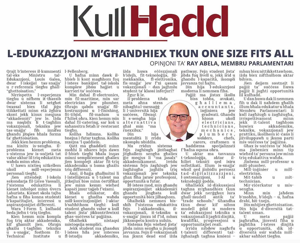Ray Abela — article excerpt, Kullħadd, Settembru 6, 2026